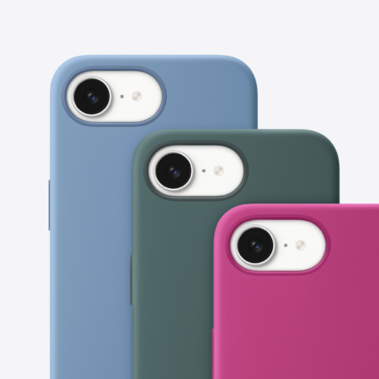 صورة خلفية لحافظات iPhone 16e من السيليكون بلون أزرق شتوي وأخضر بحيرات وفوشيا.