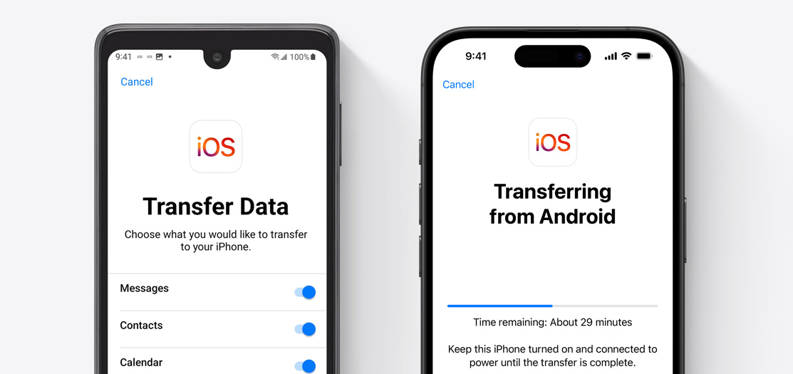 Android screen and iPhone 16 screen displayed showing data transfer