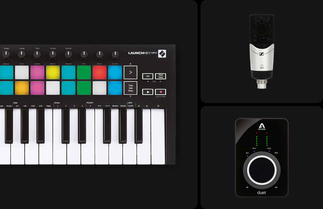 A digital keyboard on the left and two third-party controllers on the right.