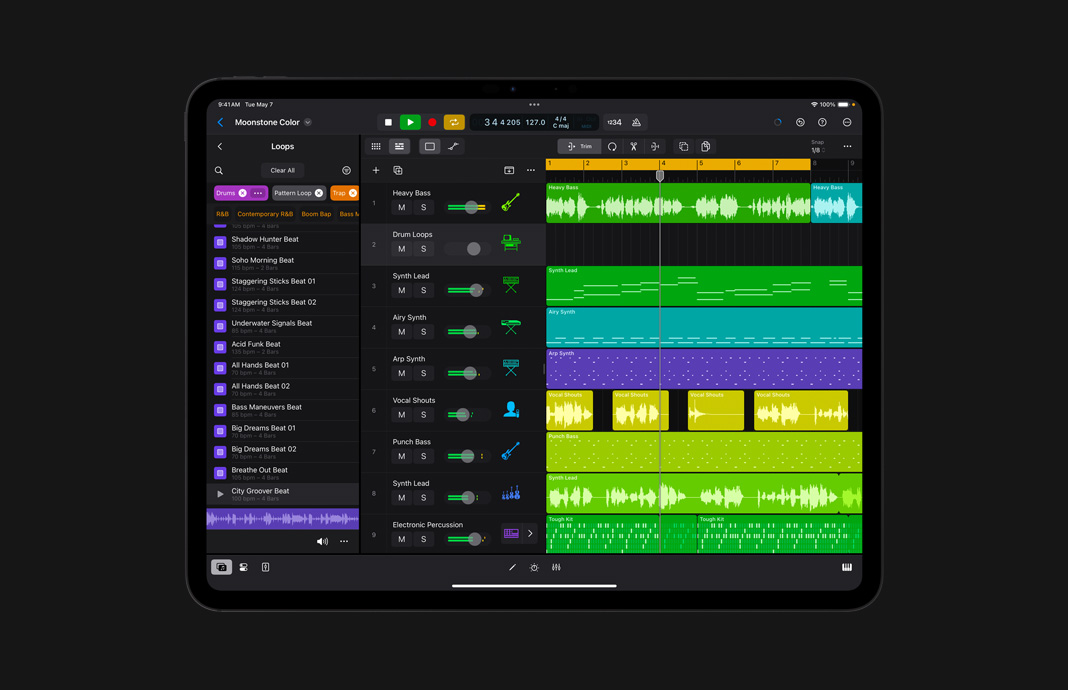 UI of a beat selection that showcases visual selections of Heavy Bass, Drum Loops, Synth Lead, Airy Synth, Vocal Shouts, Punch Bass, Synth Lead, and Electronic Percussion.