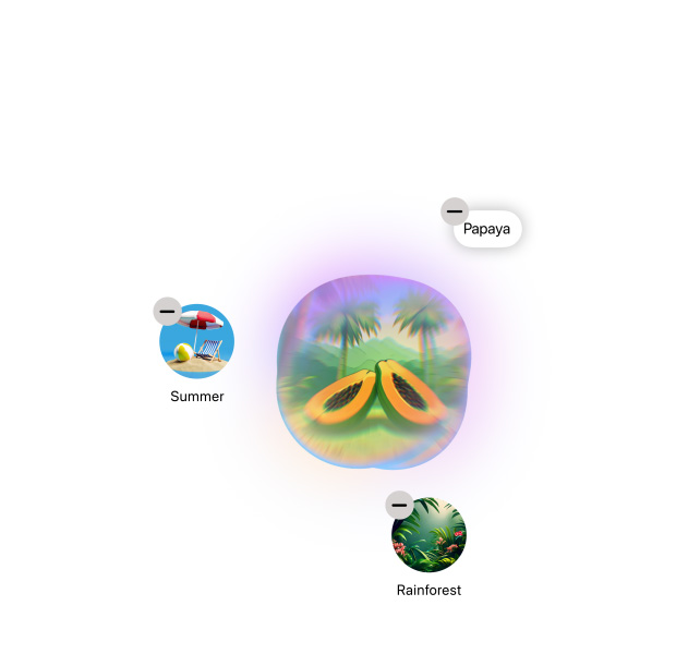Feature demonstration: Image Playground generating several images conjured up from the words papaya, summer and rainforest