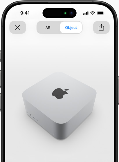 Anteprima della visualizzazione in realtà aumentata di Mac Studio su un iPhone