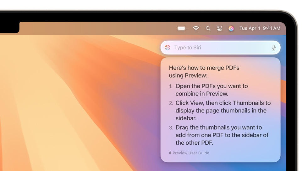 نافذة منبثقة من Siri مع معلومات كان المستخدِم يبحث عنها حول دمج مستندات PDFs متعددة.