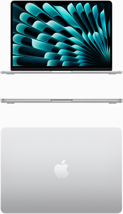 صورة أمامية ولقطة علوية لجهاز MacBook Air باللون الفضي