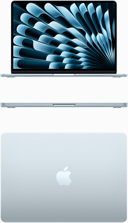 صورة أمامية ولقطة علوية لجهاز MacBook Air باللون الأزرق السماوي