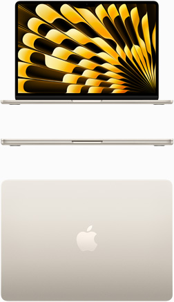 صورة أمامية ولقطة علوية لجهاز MacBook Air بلون ضوء النجوم