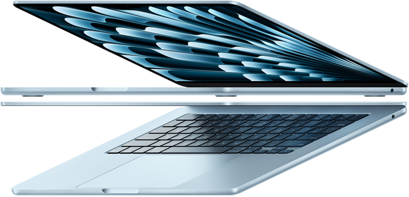 Dos notebooks MacBook Air azul cielo abiertos y superpuestos que forman una flecha para mostrar su perfil delgado