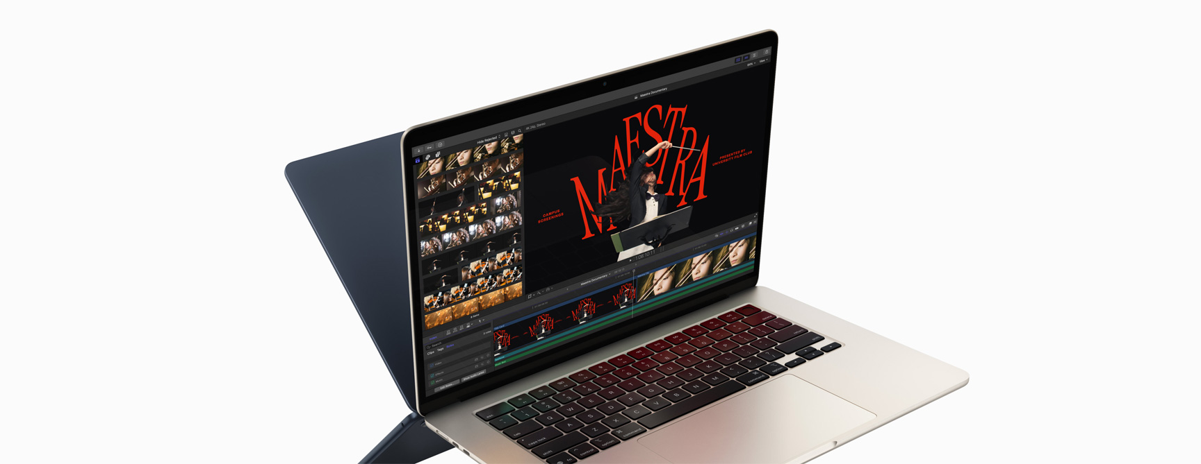 Un MacBook Air muestra una edición de video en Final Cut Pro para demostrar las capacidades del chip M4 mientras la parte trasera de una segunda MacBook Air aparece por detrás para crear un efecto de espejo