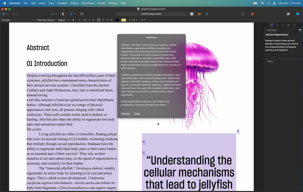Met de Apple Intelligence-feature Schrijfhulp wordt een deel van een wetenschappelijk artikel over kwallen samengevat, met als resultaat een samenvatting van meerdere alinea’s in één zin