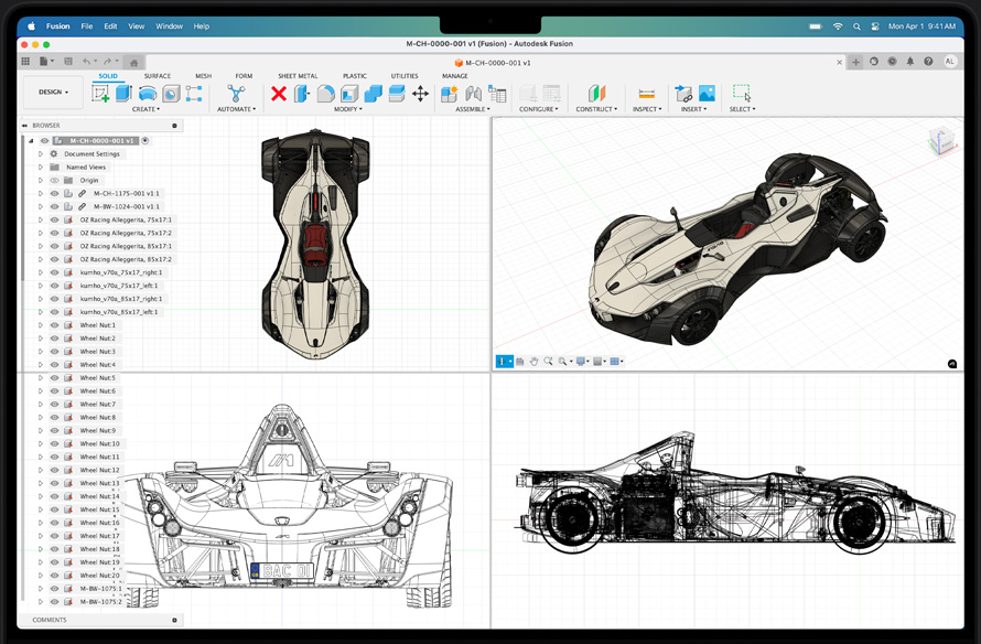 Võiduauto mudel rakenduses Autodesk Fusion