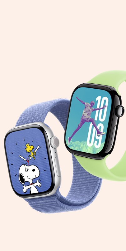 ساعتا Apple Watch Series 10. تعرض الأولى واجهة Snoopy وحزام Loop رياضي بلون Periwinkle (ليلكي/أزرق)، وتعرض الثانية واجهة صور وحزام Loop أحادي بلون Northern Lights (فستقي/أخضر فاتح).