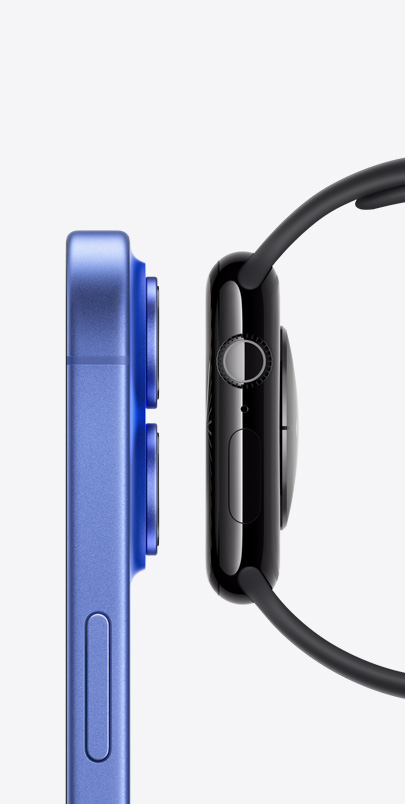 صورة جانبية لجهاز iPhone 16 وساعة Apple Watch Series 10 بجانب بعضهما البعض.