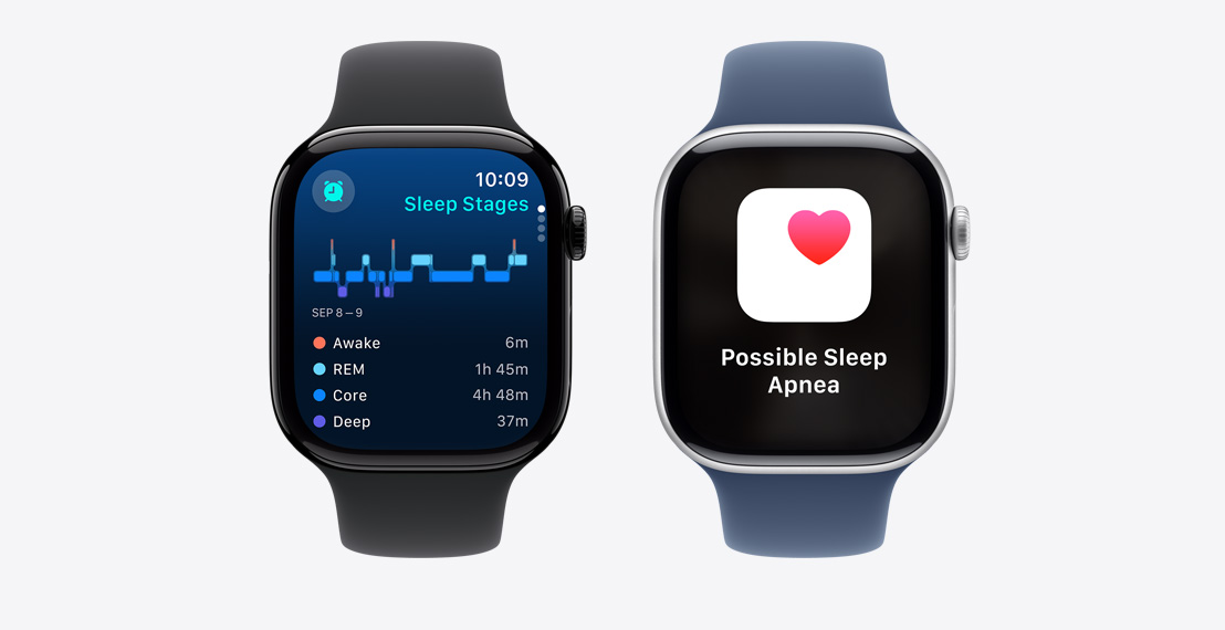 Divi Apple Watch Series 10. Pirmajā parādīti dati par miega fāzēm. Otrajā redzams paziņojums par iespējamu miega apnoju.