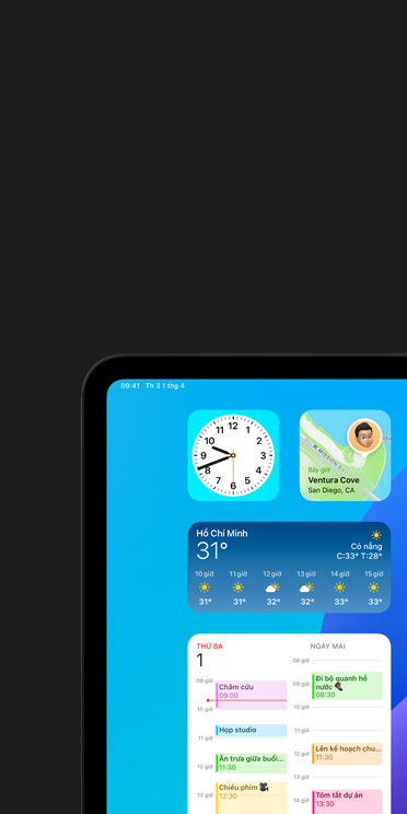 Tính năng VoiceOver trên màn hình iPad Pro hiển thị tiện ích ứng dụng Thời Tiết với âm thanh phát ra “Thời tiết, Hồ Chí Minh, 31 độ”