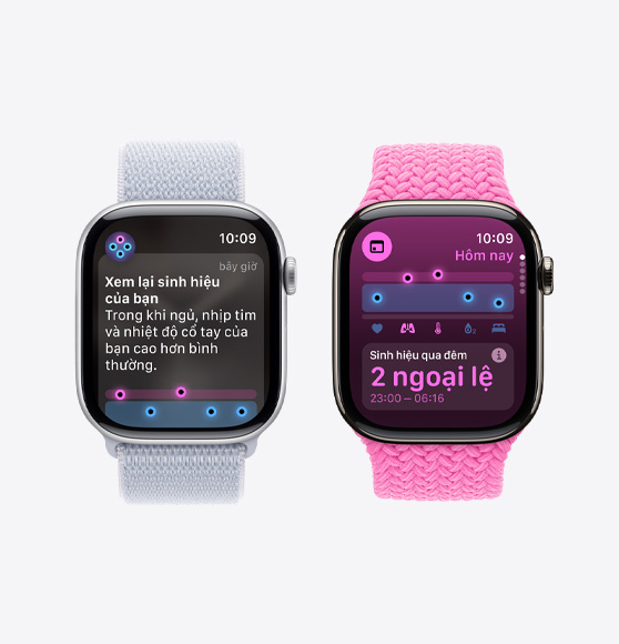 Thông báo Xem lại sinh hiệu của bạn trên Apple Watch Series 10, và ứng dụng Sinh Hiệu hiển thị các chỉ số sinh hiệu qua đêm với hai ngoại lệ trên Apple Watch Series 10.